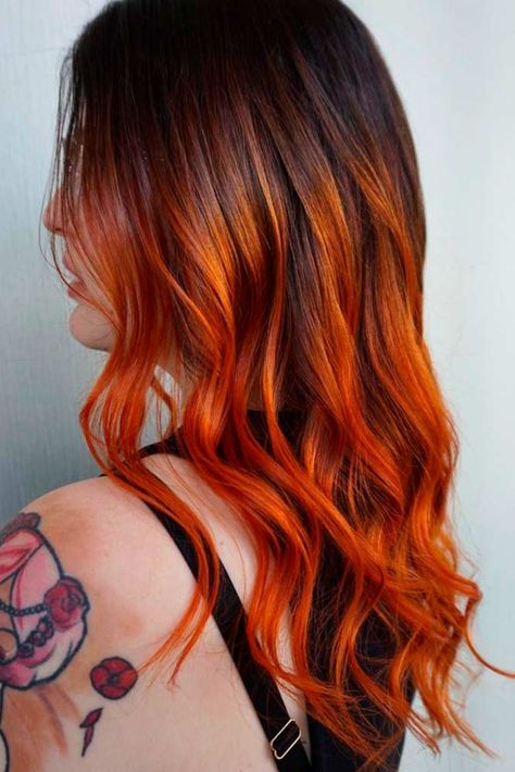 Ready for a drastic hair change: what about red hair? This color definitely makes a lasting impression and there are so many shades to choose from! Orange Ombre Hair, Red Hair Colors, Colored Fire, Unicorn Purple, Cheveux Oranges, Fantasy Unicorn, Hair Color Orange, Fire Hair, Brown Ombre Hair