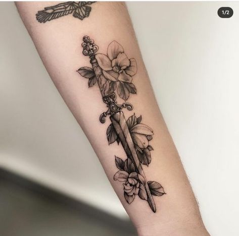 Celtic Dagger Tattoo, Knife Tattoo Women, Knife And Flower Tattoo, Fantasy Dagger Tattoo, Forearm Dagger Tattoo, Dagger Tattoo For Men, Dagger Thigh Tattoo, Dagger And Flower Tattoo, Thigh Dagger Tattoo