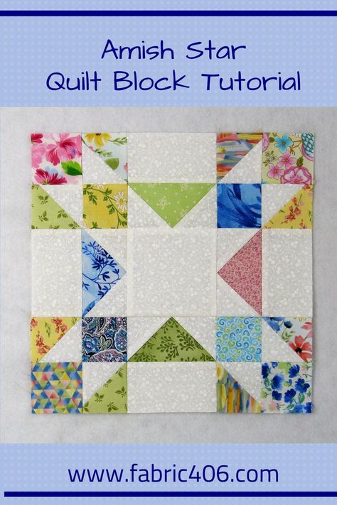 The Amish Star block is easier to construct than it looks. The design is based on a Nine Patch block with Half Square Triangles, Flying Geese and squares making up the patches. I always think of Amish quilts as being mostly solids but I put my own spin on the block by using prints and making it scrappy. Star Sashed Nine Patch Quilt Pattern, Nine Patch Star Quilt Patterns, Amish Star Quilt, Amish Quilt Patterns, Half Square Triangle Quilts Pattern, Patchwork Quilting Designs, Quilt Blocks Easy, Scrappy Quilt Patterns, Quilt Block Patterns Free