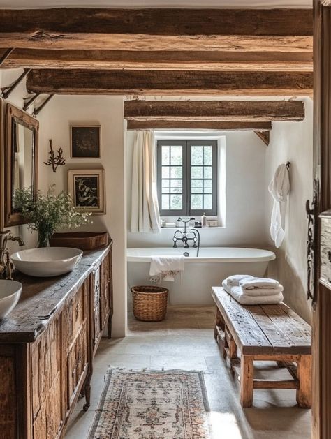 u1942658271_A_French_country_bathroom_with_rustic_wooden_beam_cd6f9806-36ae-4642-8b76-49af5956eb05_3 Hill Country Bathroom, Country Style Bathroom Ideas Farmhouse, Rustic Villa Interior Design, European Countryside Aesthetic Home, French Bathroom Aesthetic, English Country House Bathroom, European Country Home Interiors, French Country Home Aesthetic, Industrial French Country