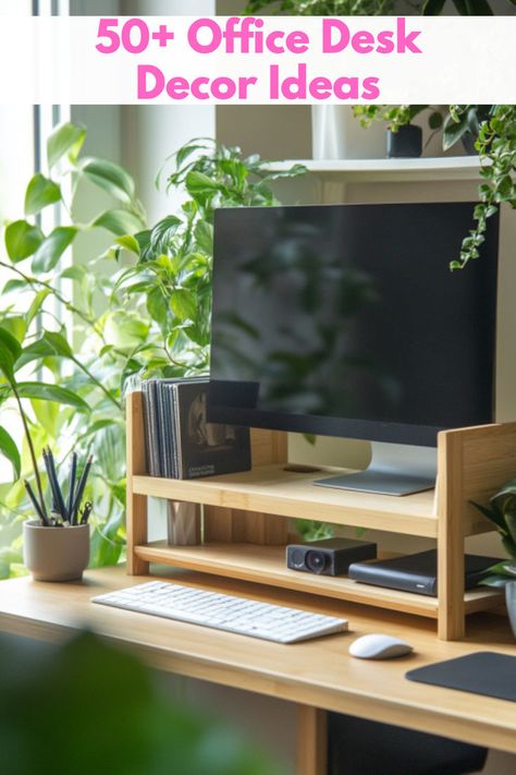 A clean and organized work setup featuring a wooden desk shelf riser surrounded by greenery provides desk inspiration and elevates work desk decor for a functional and stylish workspace. Work Setup Desks, In Office Desk Decor, Office Desk Set Up Ideas, Work Desk Decor Ideas, Organization Ideas For Work, Work Desk Setup, Desk Set Up Ideas, Office Desk Decor Ideas, Functional Organization