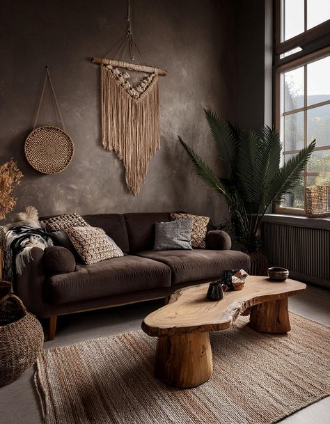 Moody Boho Living Room, Coastal Chic Living Room, Bohemian Style Living Room, Moody Boho, Boho Living Room Ideas, Vintage Leather Sofa, Moody Interiors, Green Couch, Chic Wall Art