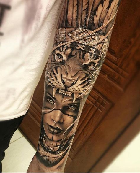 Wolf Girl Tattoos, Indian Girl Tattoos, Underarm Tattoo, Headdress Tattoo, Tiger Tattoo Sleeve, Tiger Tattoos, Lion Tattoo Sleeves, Native American Tattoos, Native Tattoos