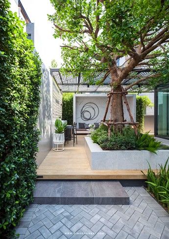 A Shady Corner (#gingsite1220) Multistem Trees, Beautiful Gardens Landscape, Contemporary Landscape Design, Modern Patio Design, Small Garden Landscape, Modern Landscape Design, Low Maintenance Landscaping, Casa Exterior, Brick Patios