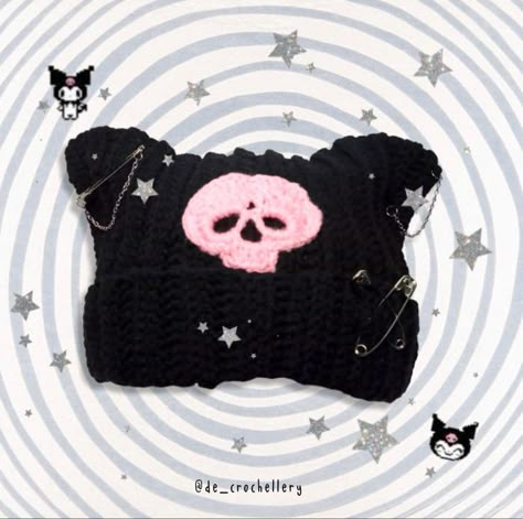 Grunge crochet hat Kuromi Cat Beanie, Kuromi Beanie Crochet, Y2k Crochet Hat, Crochet Ideas Grunge, Sanrio Crochet Hat, Crochet Kuromi Hat, Emo Crochet Ideas, Pastel Goth Crochet, Kuromi Crochet Hat