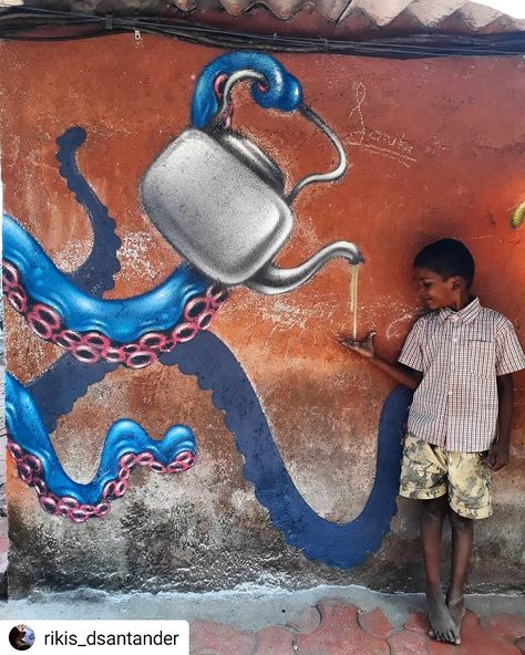 #StreetArt created by Chile based Ricardo DSantander for Marol Art Village in Andheri East, Mumbai #octopus #child #chai #tea #graffiti #tentacles #mumbaiart #mumbai #wickedbroz #streetsofindia #graffiti #graffitiartist #octopusart #streetarteverywhere Murals Graffiti, Under Bridge, Social Projects, Art Village, Octopus Art, Art Community, Chai Tea, Graffiti Artist, Best Artist