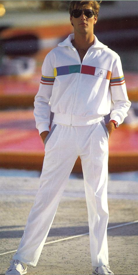 1986 - Enter the timeline >> http://www.lecoqsportif.com/survetement/uk-en #tracksuit #retro #apparel 80s Sports Fashion Men, 90s Athletic Outfits Mens, Men’s Tracksuit Outfit, Retro Fashion Mens 80s, Vintage Tracksuit Outfit, 1980s Outfits Men, 90s Sportswear Fashion, Retro Tennis Outfit, 90s Tracksuit Outfit