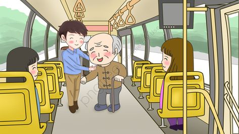 original hand drawn illustration,civilized travel,respect for the elderly,bus,seat,old grandfather,young people,give the old man a seat Act Of Kindness Illustration, Respect Pictures Kids, Respect Illustration, Inferencing Pictures, Respect Pictures, Bus Seat, Bus Drawing, Bus Cartoon, Respect Your Elders