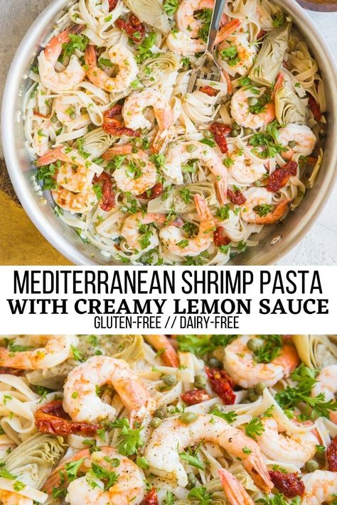 Gluten Free Seafood Pasta, Paleo Shrimp Pasta, Mediterranean Diet Dairy Free, Vegan Shrimp Pasta Recipes, Mediterranean Diet Seafood, Shrimp Scampi Dairy Free, Mediterranean Diet Shrimp Pasta, Shrimp Recipes Pasta Healthy, Shrimp Pasta Non Dairy