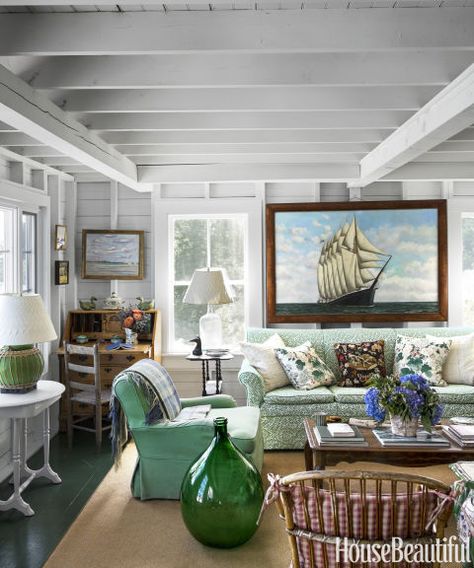 Inside a Classic Maine Cottage That's More Than 100 Years Old Alaska Cottage, Farmhouse Fab, John Rosselli, Green Sofas, Antique Needlepoint, Cottages By The Sea, Eclectic Cottage, Maine Cottage, Needlepoint Pillow