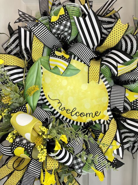 Excited to share this item from my #etsy shop: Welcome Lemon Wreath for front door in yellow green black & white colors with polka dots and stripes, Lemon decor summer everyday wreath Lemon Wreath, Lemon Decor, Striped Ribbon, Wreath For Front Door, Everyday Wreath, White Colors, Beautiful Wreath, Striped Fabrics, Mesh Wreaths