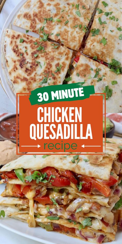 Make the best Chicken Quesadilla at home with this easy recipe! This quesadilla is filled with seasoned, grilled chicken, fajita veggies, and plenty of cheese, creating an incredibly flavorful, extra cheesy quesadilla that's simple and easy to make in just 30 minutes. Serve it with guacamole, salsa, and copycat Taco Bell quesadilla sauce for a delicious trio of dipping sauces! Dessert Quesadilla Recipes, Chicken Quesadillas Easy, Easy Chicken Quesadilla Recipe, Taco Bell Quesadilla Sauce, Quesadilla Sauce, Taco Bell Quesadilla, Cheesy Quesadilla, Period Cravings, Cheese Quesadilla Recipe