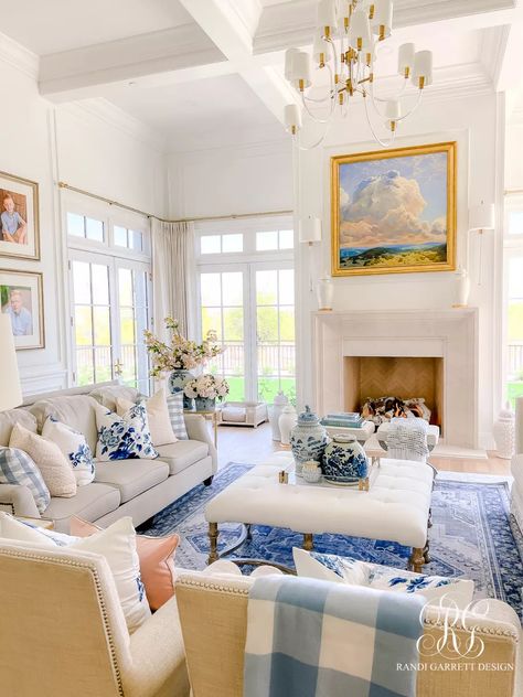 Blue And White House Aesthetic, Grandmalinial Decor, Coastal Grandmother Living Room, Grandmillenial Screened In Porch, Serena And Lily Living Room, Blue Grandmillenial Wallpaper, Coastal Granddaughter Throw Pillows, Transitional Family Room, Family Room Rug