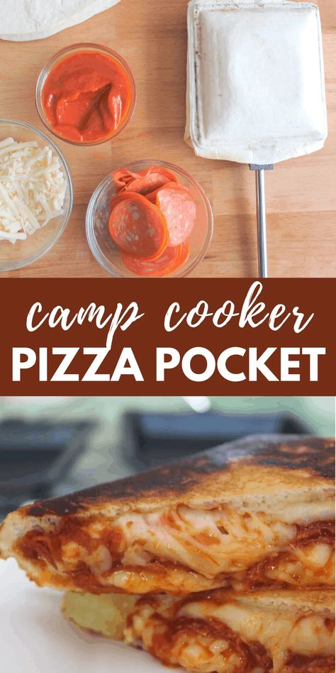 Campervan Meals, Camping Pizza, Pie Irons, Pizza Pockets Recipe, Pizza Pocket, Campfire Meals, Pie Iron Recipes, Camp Meals, Camping Cooker