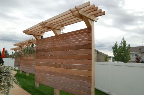 Shade On Deck, Wood Half Wall, Privacy Wood Fence, Fence Pergola, Garden Scapes, Privacy Landscaping Backyard, Privacy Trellis, Hot Tub Privacy, Slanted Roof