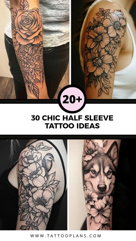 Discover 30 chic half sleeve tattoo designs showcasing elegance and creativity. The pin features 4 stylish images of tattoos combining floral and geometric elements tailored for women. Upper Arm Tattoos For Women Meaningful, Unique Upper Arm Tattoos For Women, Female Tattoo Sleeve, Female Half Sleeve Tattoo, Half Sleeve Tattoo Upper Arm, Female Half Sleeve, Half Sleeve Tattoo Ideas, Half Mandala Tattoo, Half Sleeve Tattoos