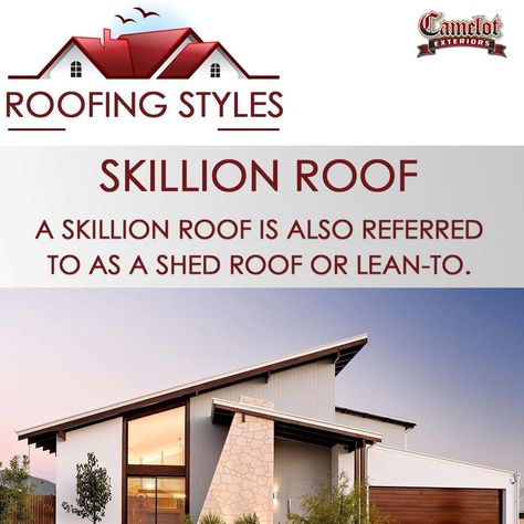 Skillion is also referred to as a shed roof or lean-to. It is a single, sloping roof, usually attached to a taller wall. – It can be thought of as half of a pitched roof, or as a more angled flat roof. Single Pitch Roof, Slopping Roof House Elevation, Single Slope Roof Houses, Triangle Building, Shed Roof Design, Lean To Roof, Skillion Roof, Butterfly Roof, Building Roof