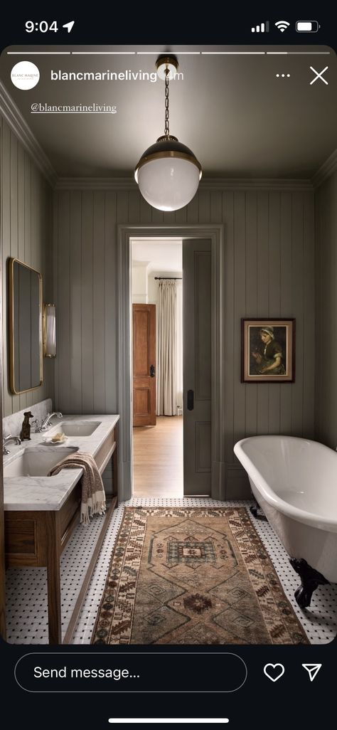 Cottage Bathroom Inspiration, Dark Brown Bathroom, Green Shower Tile, Vintage Modern Bathroom, Modern Traditional Bathroom, Moody Bathroom, Bathtub Walls, Cottage Bathroom, Brown Bathroom