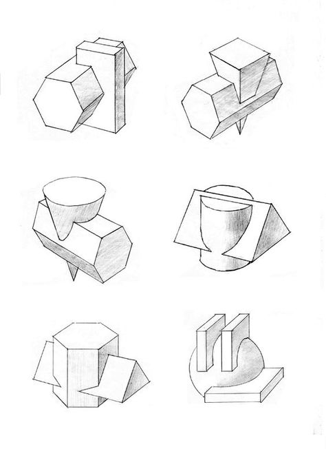 Interpenetration Architecture, Geometric Shapes Drawing, Basic Sketching, Form Drawing, Perspective Drawing Architecture, Perspective Drawing Lessons, Geometric Shapes Art, Interior Design Sketches, Art Basics