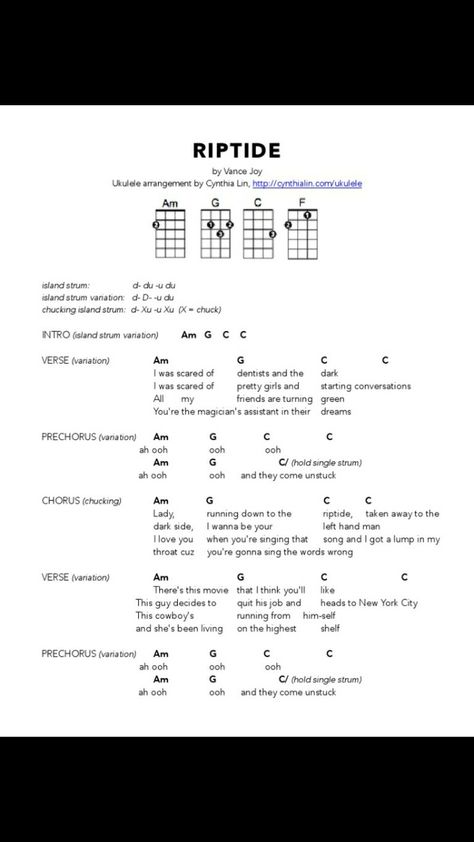 One of the easyest songs for uke begginers Easy Uke Songs For Beginners, Riptide Ukulele Chords Strumming, Easy Ukelele Songs Popular, Riptide Guitar Tab, Uke Songs With Strum Pattern, Uke Songs Easy, Popular Songs On Ukulele, Songs To Learn On Ukulele, Guitar Begginers