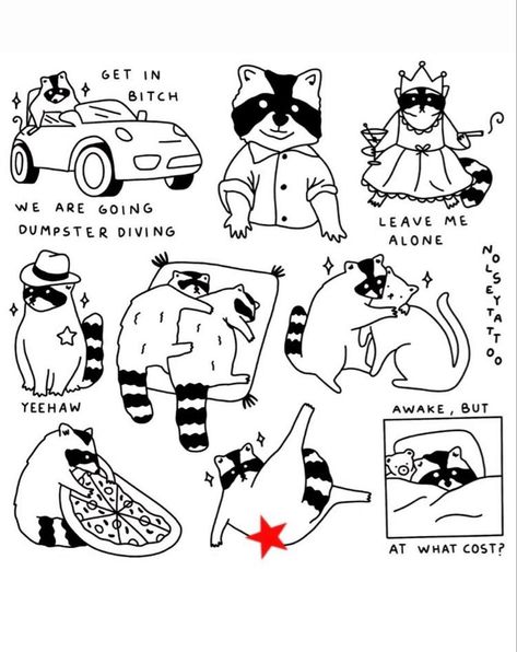 Funny Flash Art Tattoos, Mini Raccoon Tattoo, Raccoon And Possum Matching Tattoo, Raccoon Flash Tattoo, Raccoon Outline Tattoo, Raccoon Line Art, Simple Raccoon Drawing, Clown Cat Tattoo, Racoon Tattoo Simple