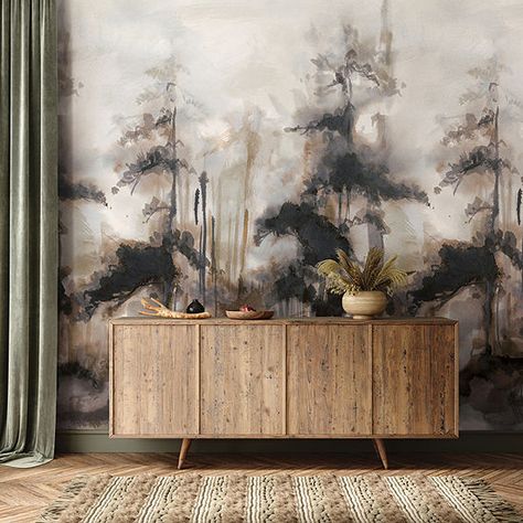 Tempaper Forest Reserve Mural Wallpaper CM9092, Color: Ink Wash - JCPenney Hygge Wallpaper, Mountain Interior Design, Bathroom Wall Mural, Wallpapered Entryway, Tree Wallpaper Mural, Mountain Interiors, Peel And Stick Wall Mural, Tree Wall Murals, Wall Murals Painted