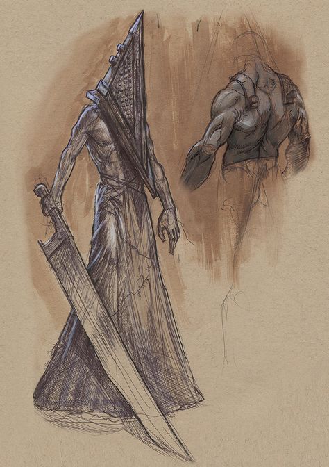 Dbd Drawings, Pyramid Head Drawing, Female Pyramid Head Art, Silent Hill Monsters, Cute Pyramid Head, Pyramid Head Sketch, Pyramid Head Fanart, Silent Hill 2 Fanart, Silent Hill Drawings