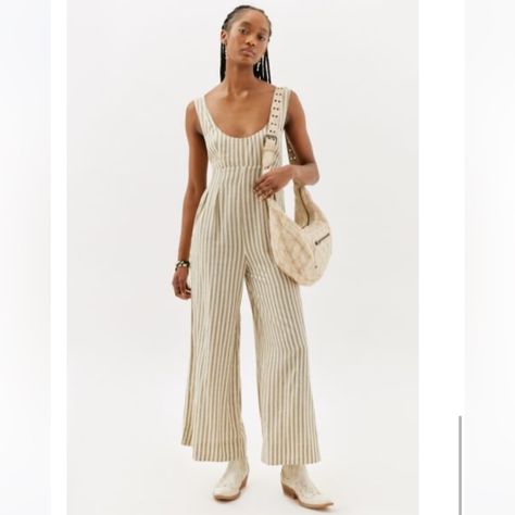 Never Worn Forgot To Return In Time Tan And White Size M Tie In Back Is Adjustable Neutral Jumpsuit, Grad Outfits, Quoi Porter, Europe Outfits, Urban Outfitters Pants, Linen Jumpsuit, Casual Stylish, Striped Linen, New Wardrobe