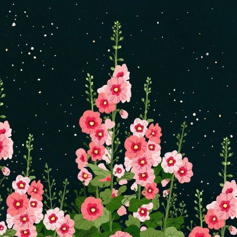 Hollyhock Drawing Simple, Hollyhocks Illustration, Magic Garden Drawing, Hollyhock Illustration, Painted Hollyhocks, Hollyhock Drawing, Draw Garden, Flower Garden Illustration, Bloom Illustration