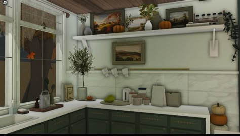 Bloxburg Paris, Autumn Bloxburg, Fall Kitchen Ideas, Interior Bloxburg, Bloxburg City, Bloxburg Interior, Bloxburg Hacks, Coffee Counter, Fall House