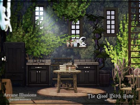 The Sims 4 Arcane Illusions The Good Witch Room. Download at The Sims Resource. Download at @thesimsresource . Sims 4 Cc Witch Wallpaper, Sims 4 Arcane, Sims 4 Witch House, Home The Sims 4, Witch Home, Witchy Kitchen, Witch Wallpaper, Witch Room, Cc Furniture