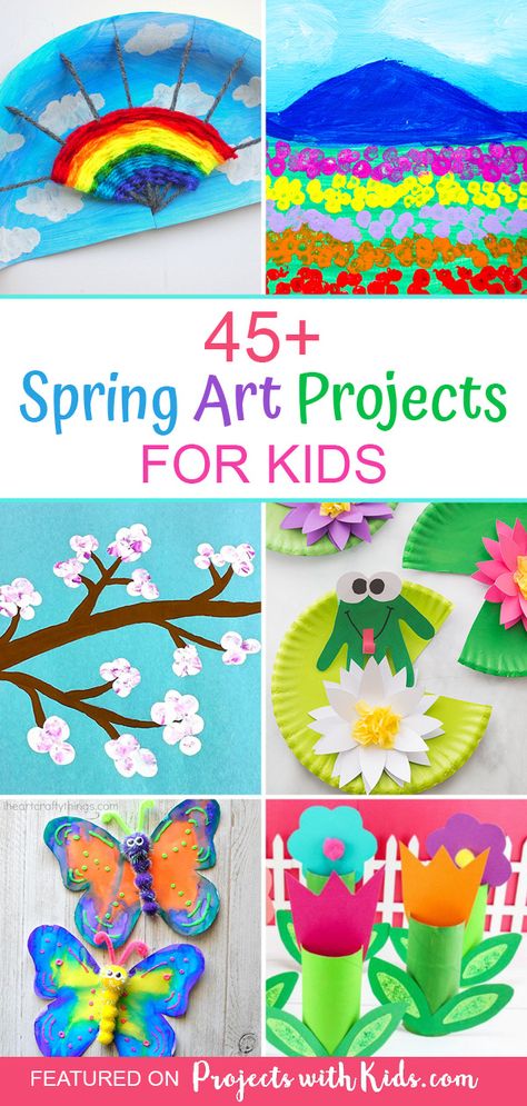 Welcome spring with over 45 gorgeous spring art projects for kids. Ideas for older kids and tweens as well as younger kids and preschoolers. Colorful spring crafts kids of all ages will love! #springcrafts #kidsart #projectswithkids Spring Crafts Kindergarten Classroom, Spring Art Ideas For Kindergarten, Spring Art Crafts For Toddlers, Spring Crafts For Elementary Kids, Spring Kids Crafts Preschool, April Arts And Crafts For Kids, Spring Projects For Kindergarten, Spring Craft Ideas For Preschoolers, Spring Crafts For Children