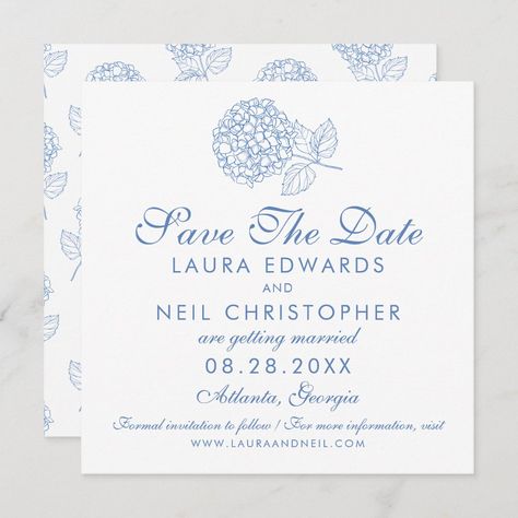 Modern Hydrangea Dusty Blue Floral Wedding Save the Date. Matching items available. Save The Date Hydrangea, Blue Floral Save The Date, Delft Wedding, Hydrangea Invitation, Hydrangea Wedding Invitations, Blue Save The Date, Blue Hydrangea Wedding, Blue Floral Wedding, Blue White Weddings