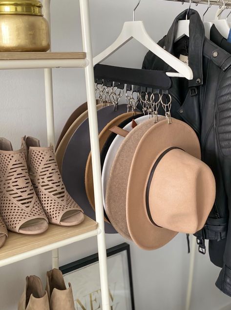 Organizing My Work Space - The House of Sequins Where To Put Hats In Room, Unique Storage Ideas For Small Spaces Bedrooms, Shoe Shelves On Wall Closet, How To Organize Hats In Closet, Sun Hat Organization, Tidy Living Room, Walk In Closet Hat Organization, Built In Closet Shoe Storage, Fedora Hat Storage Ideas