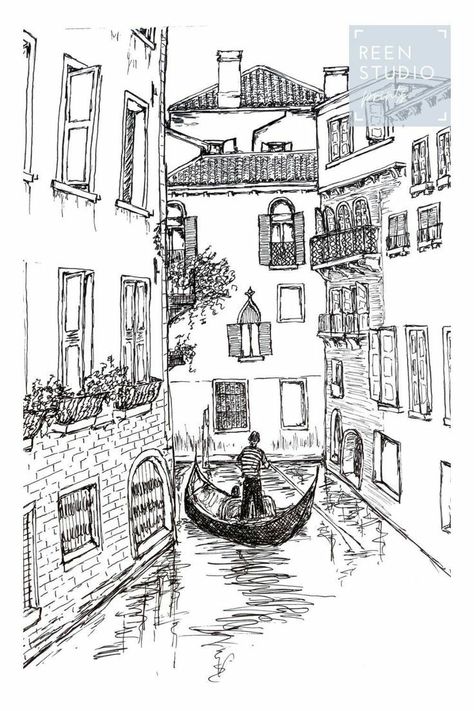 Black And White Italy, Italy Drawing, Italy Sketches, Italy Illustration, Cityscape Drawing, Fine Line Art, Venice Print, Italy Wall Art, Venice Canals