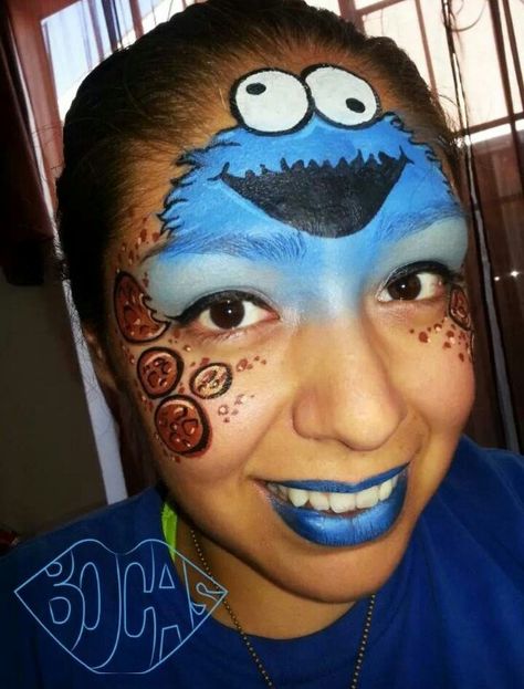 Face paint Cookie Monster Sesame Street half face Monster Face Painting, Face Painting Images, Mime Face Paint, Bodysuit Tattoos, Face Painting Easy, Kids Face Paint, Belly Painting, Monster Face, Body Suit Tattoo