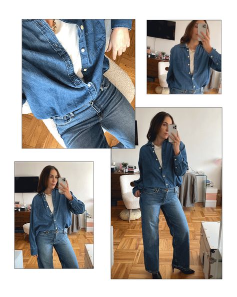 The 9 Best Gap Wardrobe Basics I Tried On | Who What Wear Double Denim Looks, Me Irl, Relaxed Trousers, Big Shirt, Gap Denim, Wardrobe Basics, Fashion Editor, White Shirts, Lady And Gentlemen