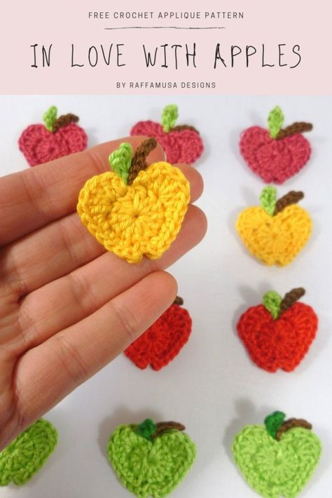 In Love with Apples Crochet Applique • Free Pattern by RaffamusaDesgins Appliques Au Crochet, Crochet Apple, Crochet Applique Patterns Free, Crochet Fruit, Crochet Abbreviations, Applique Pattern, Quick Crochet, Easter Crochet, Crochet Motifs