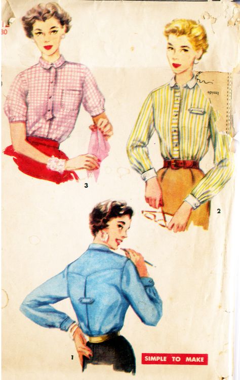 1950s | Wearing History Shirt Sewing Pattern Free, Womens Pants Pattern, Vintage Blouse Pattern, Rockabilly Shirts, 1950s Sewing Patterns, Shirt Sewing, Peter Pan Collar Blouse, Shirt Sewing Pattern, Top Sewing