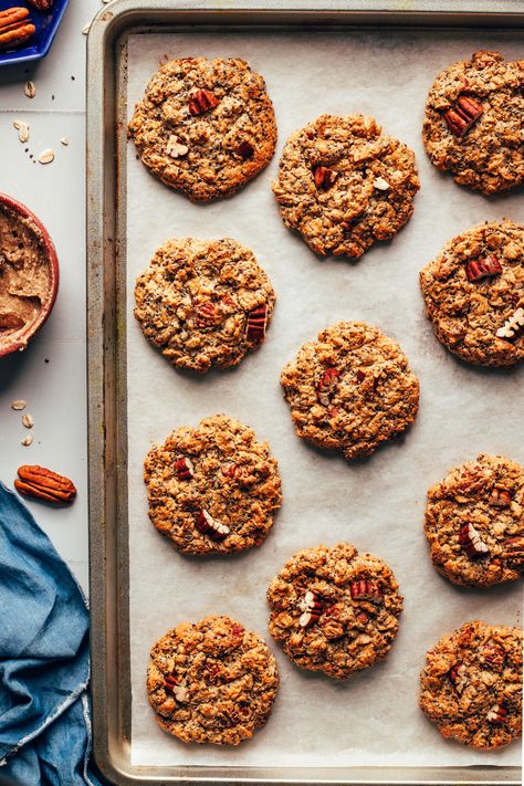 Freshly baked chai-spiced oatmeal cookies on a parchment-lined baking sheet Chai Oatmeal, Spiced Oatmeal, Nut Rolls, Minimalist Baker, Chai Spice, Healthy Cake, Recipe Boards, Refined Sugar Free, Chopped Pecans