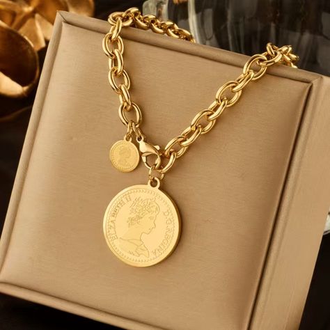 New! Round Gold Portrait Coin Necklace. 18k Gold Plating. See Description In Photos For Measurements. Portrait Necklace, Coin Pendant Necklace, Multi Layer Necklace, Luxury Necklace, Girl Jewelry, Gold Necklace Designs, Long Pendant Necklace, Coin Necklace, Girls Jewelry