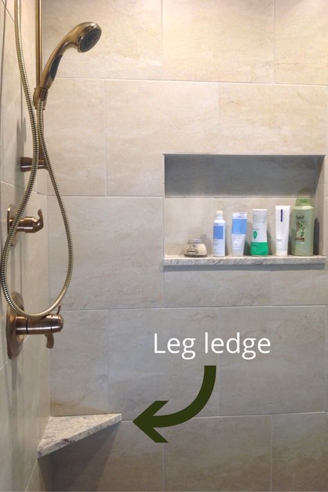 A shower leg ledge for shaving in a columbus ohio remodel Small Shower Shelf Ideas, Shower Foot Ledge, Shower Stand, Shower With Leg Ledge, Small Shower Leg Ledge, Spa Bathroom Remodel, Basic Shower Remodel, Shower Nook For Shaving, Shower Niche For Leg Shaving