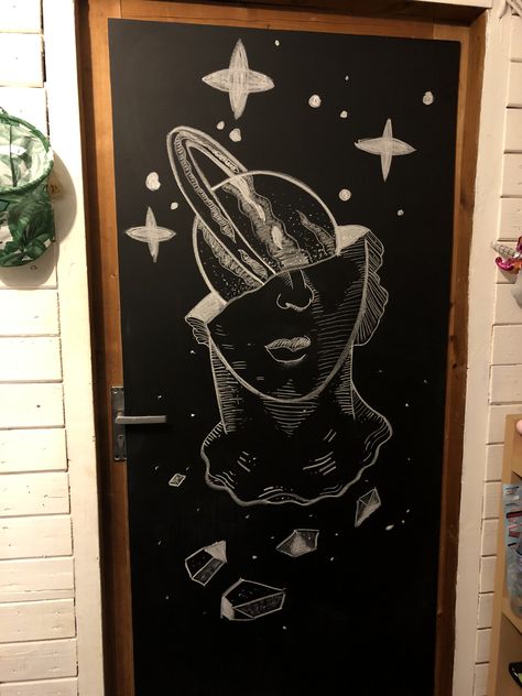 #cosmos #drawing #chalkboard #chalk #diy #diyhomedecor #bedroom #door #doordesign #face #greece #sku #sketch #teenager Chalk Door Ideas, Cosmos Drawing, Drawing Thoughts, School Chalkboard Art, Party Shed, Teenage Drawings, Door Drawing, Chalkboard Door, Dorm Room Styles