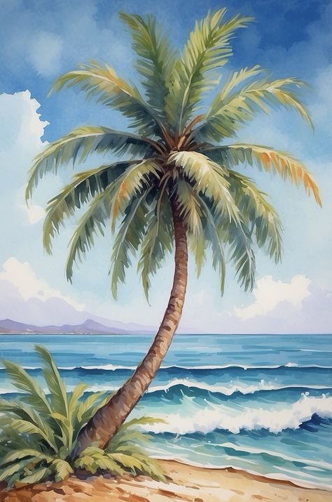 Tropical Paradise Painting, Pictures With Palm Trees, Beach Scenes Drawing, Painted Palm Trees, Palm Tree Painting, Island Painting, Palm Tree Drawing, Palm Tree Pictures, Sea Drawing