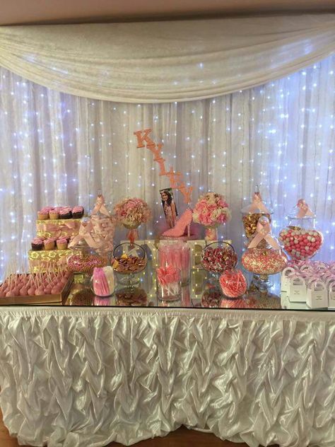 Candy table #debut #sweettable # pinkcandy #rosegold ##18thbirthday #kyleycolleen Candy Bar For Quinceanera, Treat Table For Sweet 16, Quincenera Snack Table, Pink Sweet 16 Dessert Table, Quinceanera Snack Table Ideas, Pink Quince Dessert Table, Quince Candy Table Ideas, Quince Snack Table, Pink Quince Snack Table