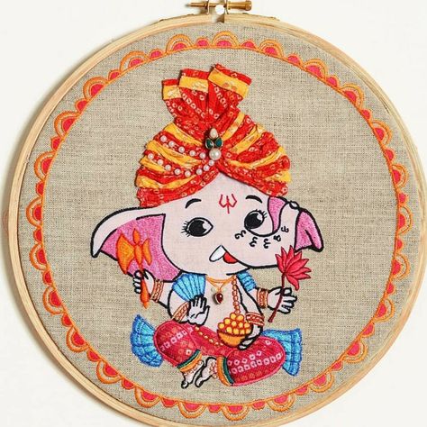 Baby Ganesha - the elephant God of India as Hoop Art God Embroidery, Drawing Pictures For Kids, Baby Ganesha, Miniature Embroidery, Elephant God, Embroidery Hoop Wall Art, Birds Embroidery Designs, Hand Embroidery Dress, Indian Elephant