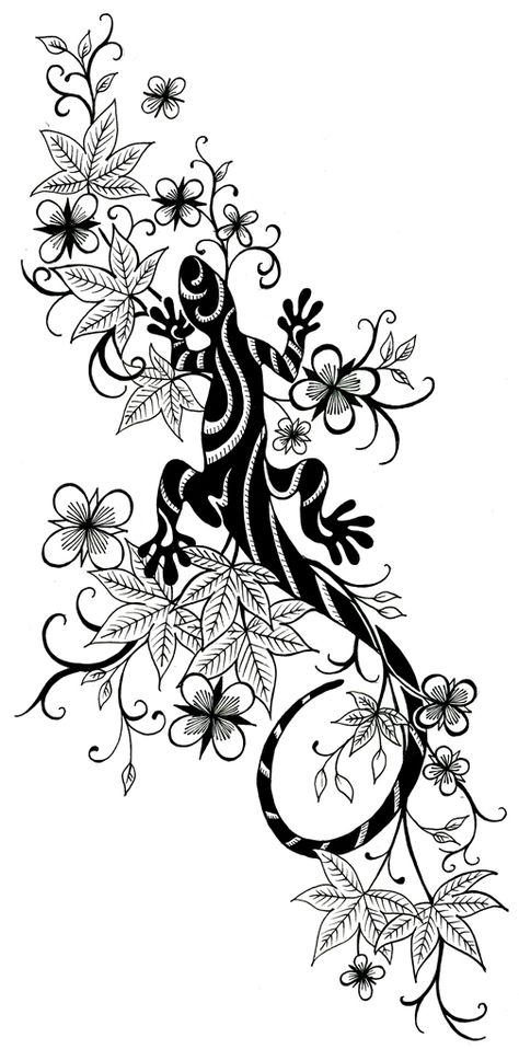 Lizard With Flowers Tattoo, Lizard Tattoo With Flowers, 2 Color Tattoo, Lizard And Flower Tattoo, Gecko Tattoo For Women, Lizard Tattoo Design, Lizard Silhouette, Lines Embroidery, Lizard Drawing