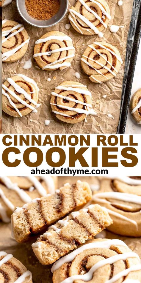 Cinnamon Roll Cookies bring all the cozy, spiced flavors of a classic cinnamon roll into a soft, buttery cookie form. Swirled with a cinnamon-sugar filling and topped with a drizzle of sweet icing, these cookies are the perfect way to enjoy a breakfast treat any time of day. Great for special occasions, but easy enough to slice-and-bake any time. You can freeze the log ahead of time, then thaw, slice and bake whenever! | aheadofthyme.com #cinnamonrollcookies #cinnamoncookies #s via @aheadofthyme Cinnamon Roll Cookies Recipe, Cinnamon Cookies Recipe, Cinnamon Cookies Recipes, Seafood Noodles, Rice Cookies, Buttery Cookie, Gingerbread Dough, Cinnamon Roll Cookies, Thyme Recipes