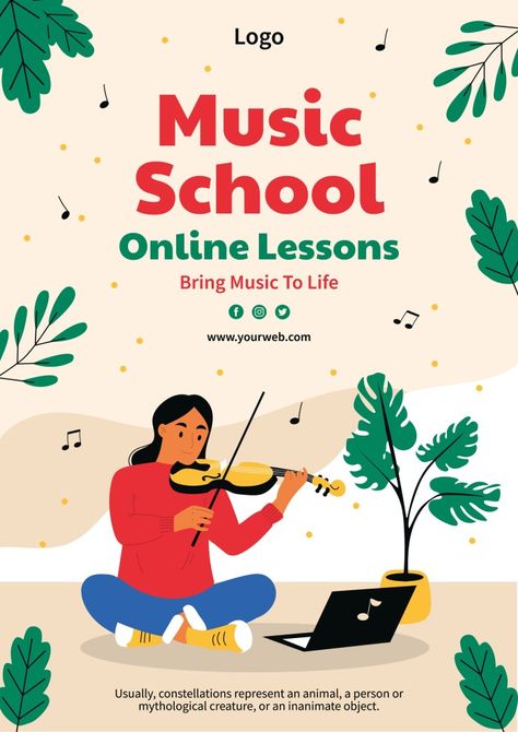 Hand-drawn Music School Online Lessons Poster Music School Poster Design, Music School Poster, Academy Logo, School Poster, Dance School, Music School, Online Lessons, School Logo, Music Logo