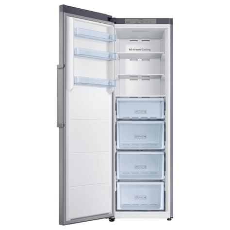 The 11.4 cu. ft. Samsung Convertible Upright Freezer features a convertible zone that can switch from freezer to fridge. It's designed for flexibility with removable drawers, adjustable door bins and shelves. High-efficiency LED lighting makes it easy to find exactly what you are looking for. A convertible freezer, which can switch between freezer and fridge, is perfect for any home, no matter what your needs. All drawers can be removed for more shelf space, door bins can be raised and lowered, and shelves can be adjusted. Design it for what you need to store. Speeds up the freezing process at maximum fan speed and can maintain full speed for 50 hours. Convertible zone Organzational options Reversible door 11.4 cu. ft. capacity High-Efficiency LED lighting Digital display buttons 4 tempera Dream Fridge, Space Door, Tall Fridge, Stainless Steel Fridge, Ice Makers, Upright Freezer, Freezers, Fridge Freezers, Luxury Homes Dream Houses